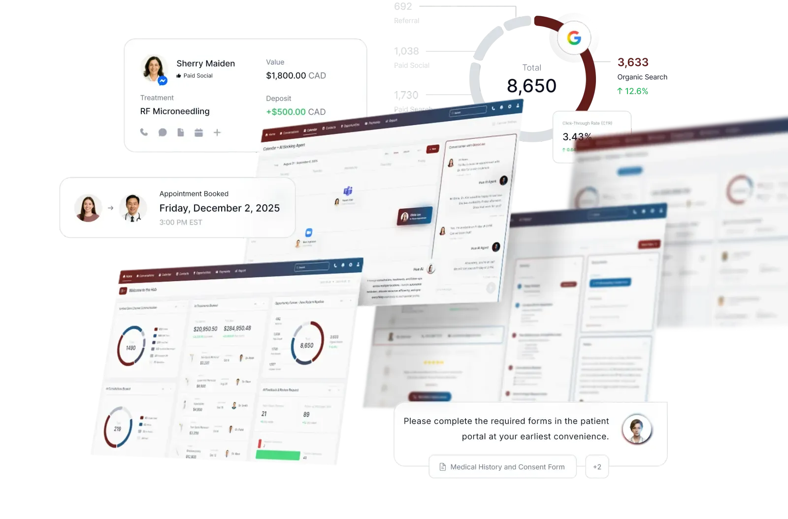 Health Hue Hub, all-in-one clinic platform: dashboard, calendar & AI booking, unified inbox, CRM, payments, and reporting