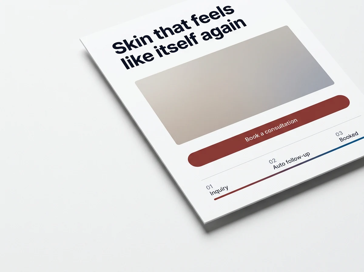 Editorial mock of a dermatology lead funnel, single landing page, automated handoff to the booking flow