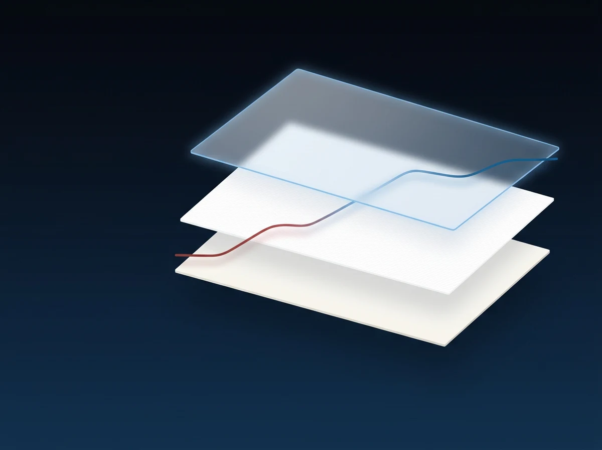 Three translucent compounding planes climbing year-over-year, single red-to-blue pulse line stitching them together