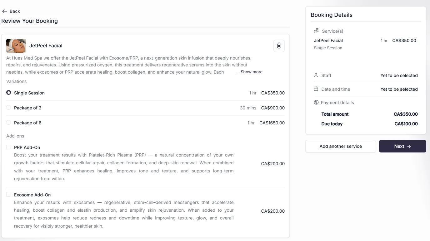 The Hue's Med Spa online booking page, reviewing a booking with the treatment, variations, add-ons, and deposit.