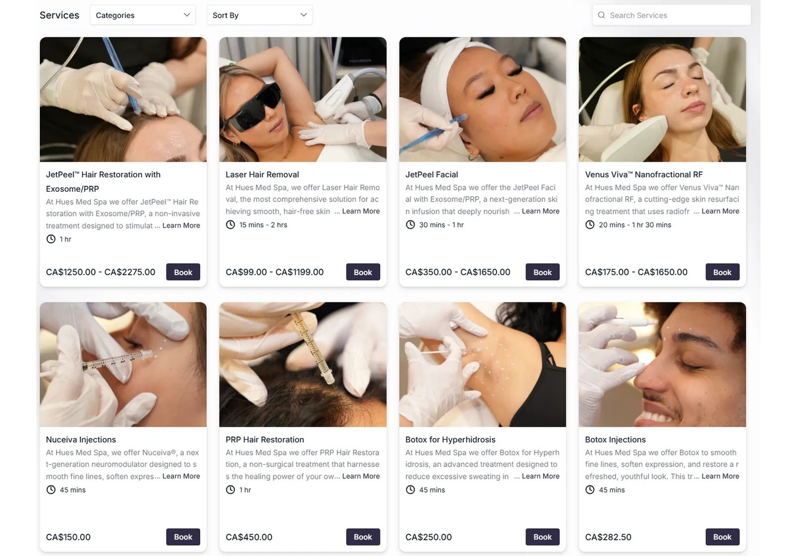 A Hue's Med Spa booking page with the live time grid highlighted, synced to the clinic calendar.