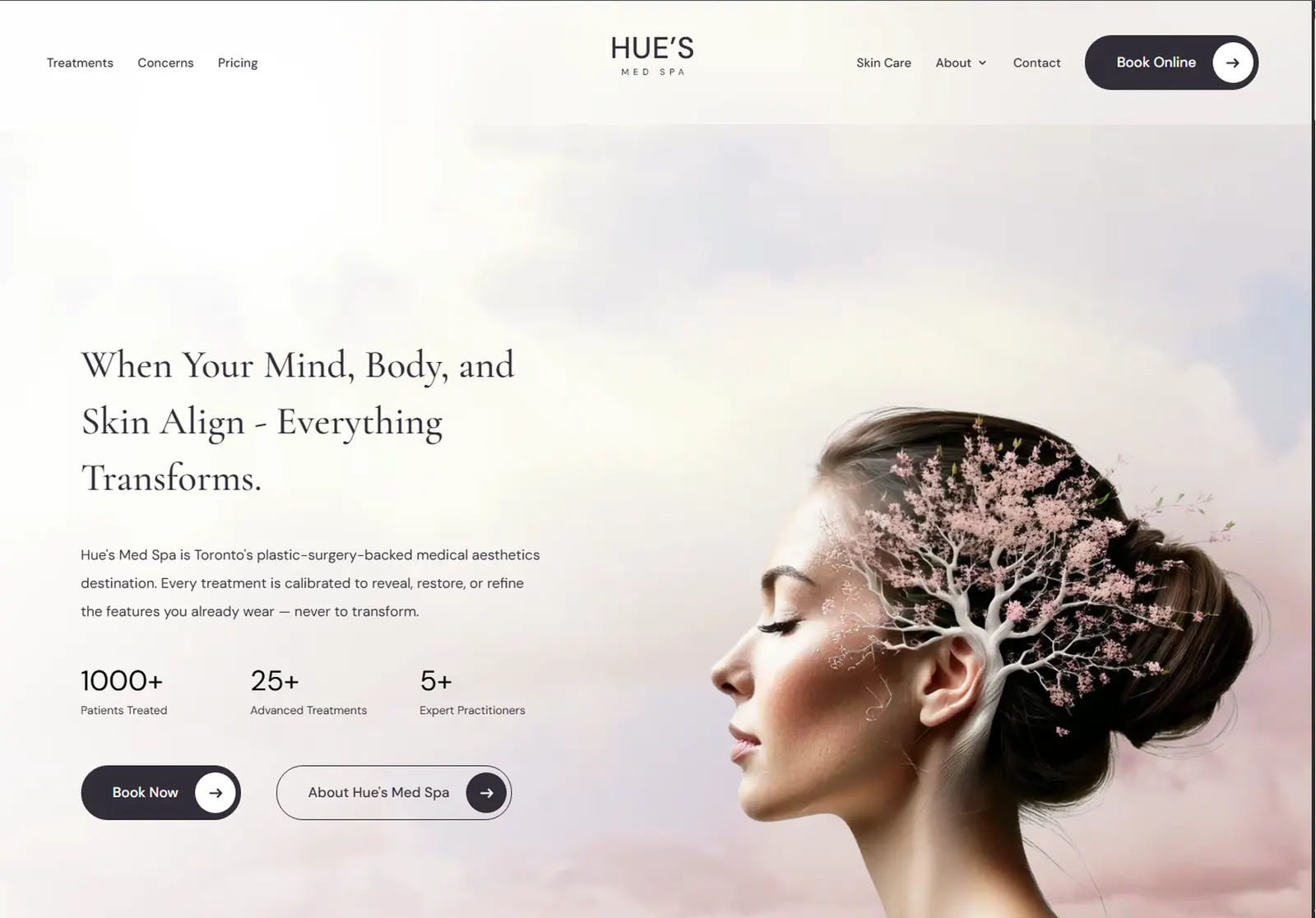A custom Hue's Med Spa homepage with bespoke, on-brand design and headline.