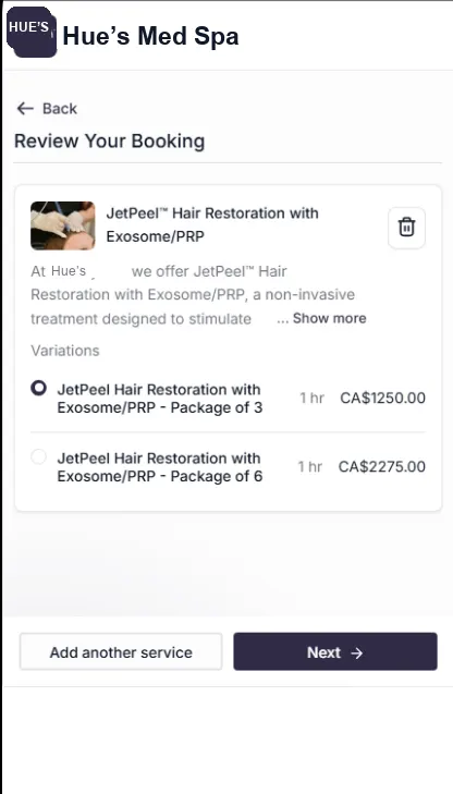The Hue's Med Spa online booking flow on a phone.