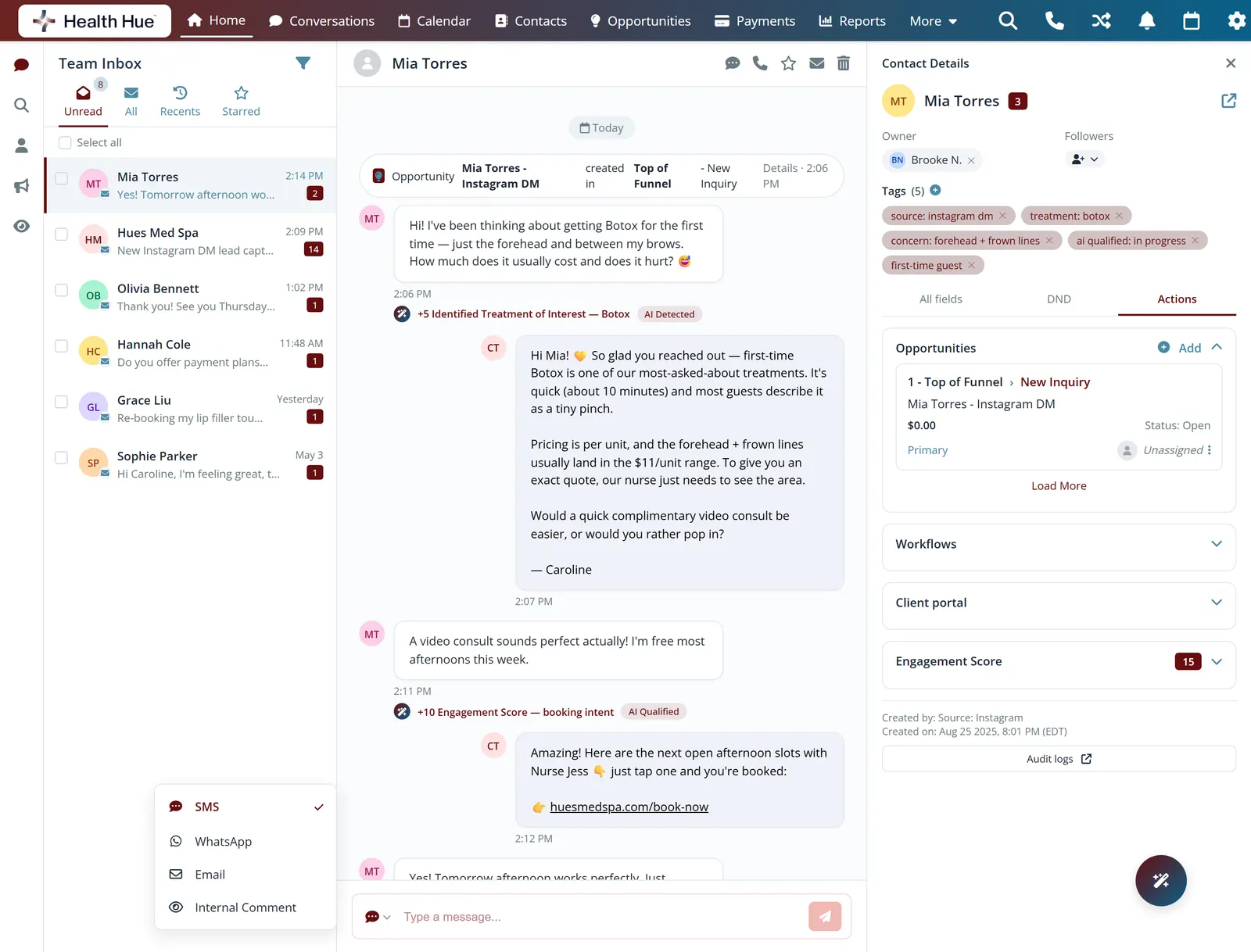 The Health Hue Hub inbox with AI detecting treatment interest and surfacing the most urgent new lead