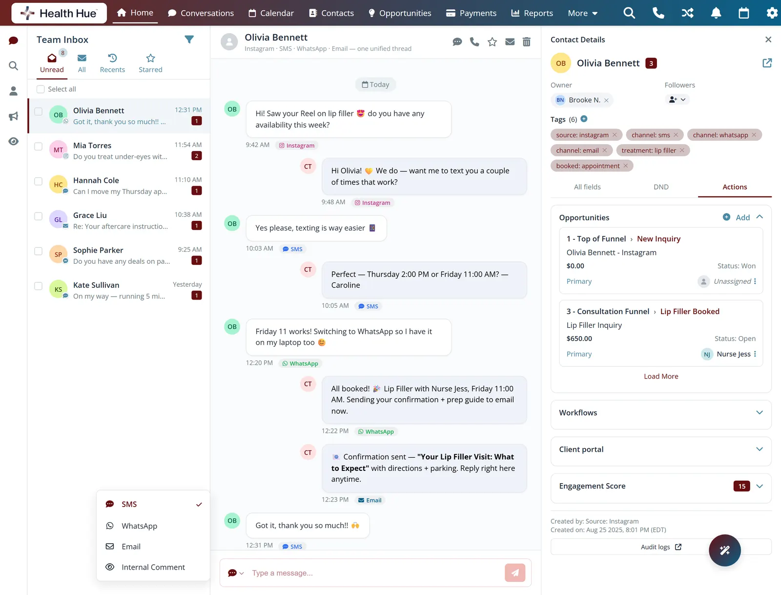 The Health Hue Hub inbox consolidating SMS, WhatsApp, and email for one patient in a single thread