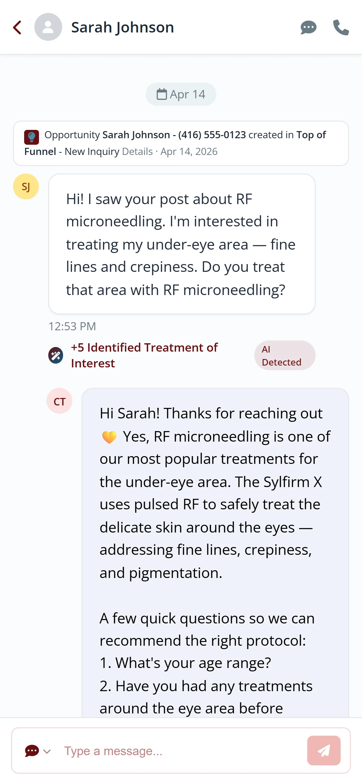 The Health Hue Hub mobile app showing a patient conversation