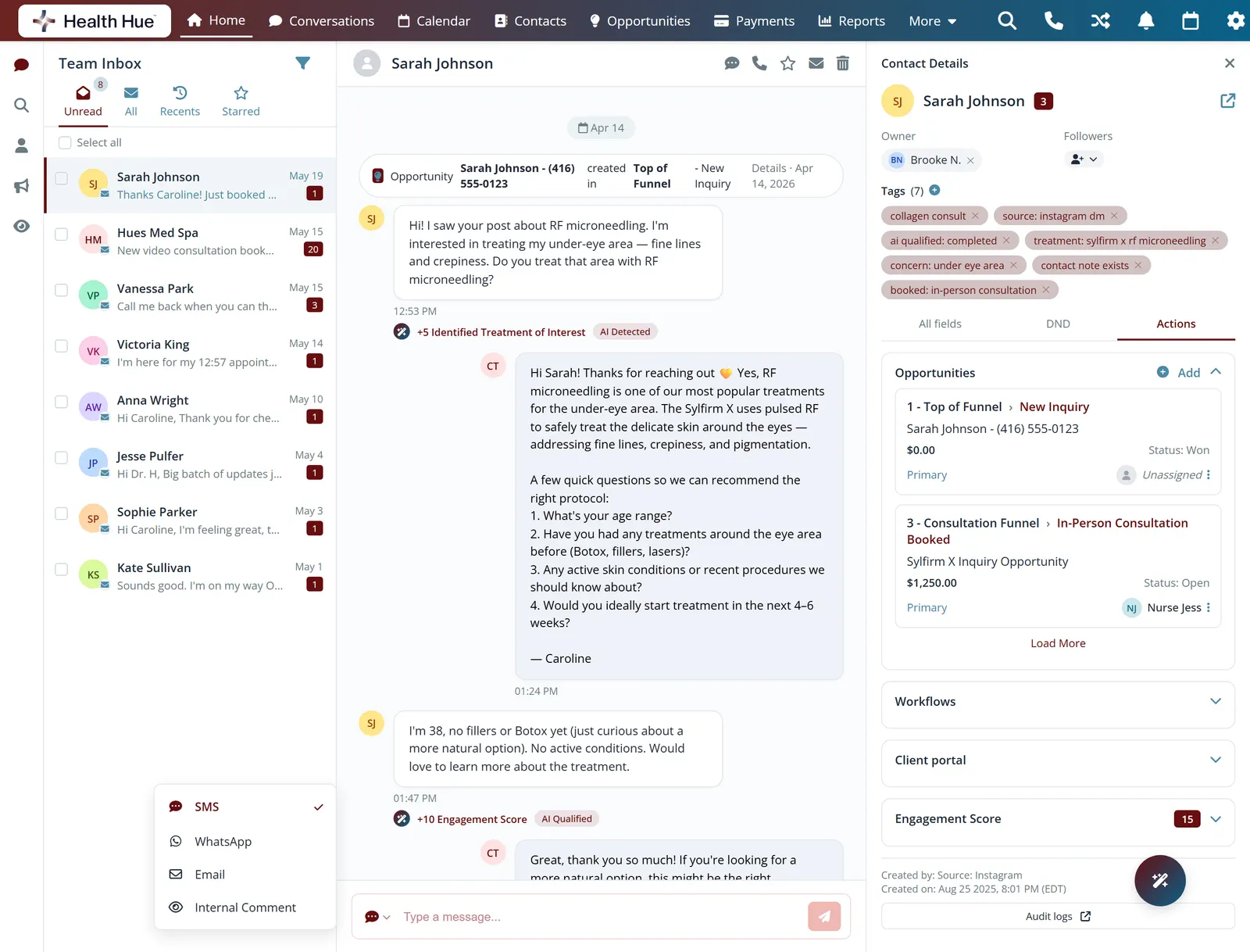The Health Hue Hub inbox with each message tied to the patient profile, tags, and opportunity history