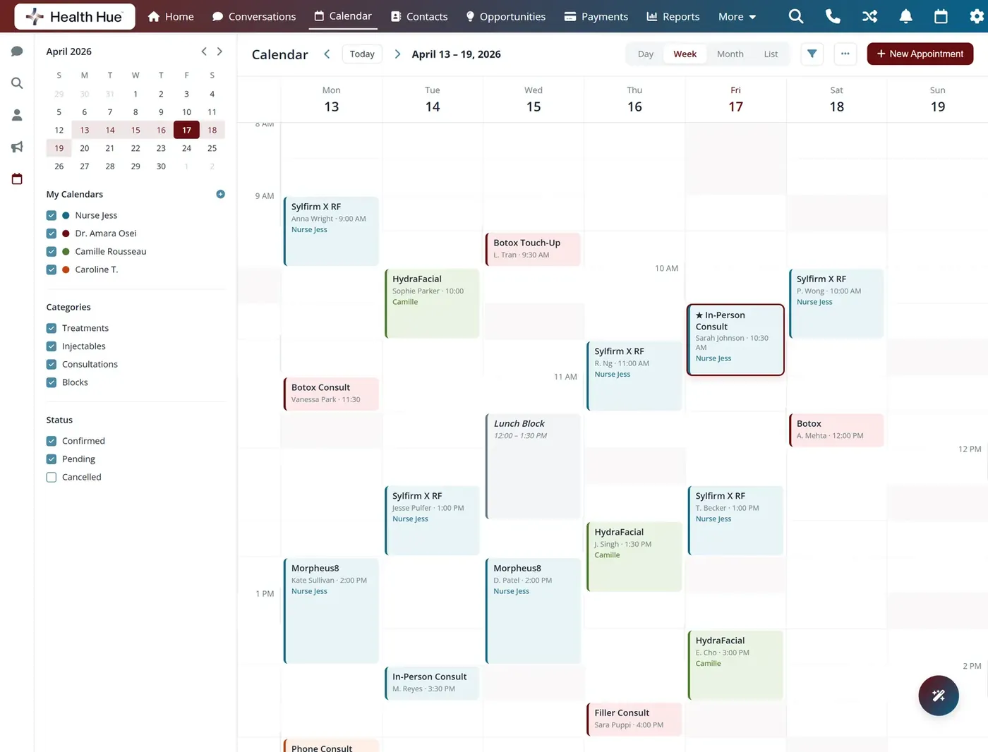 The Health Hue Hub calendar with colour-coded treatment and consult appointments