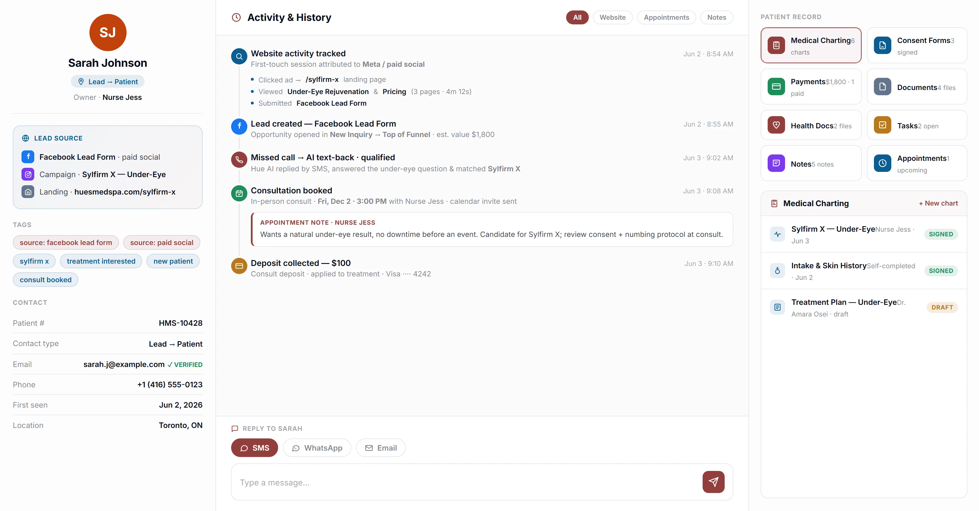 The Health Hue patient profile on a laptop, Sarah Johnson&rsquo;s record with attribution, activity history, and the patient-record modules