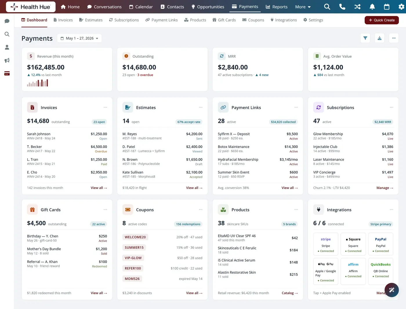 The Health Hue Hub payments screen with invoices, deposits, and payment methods