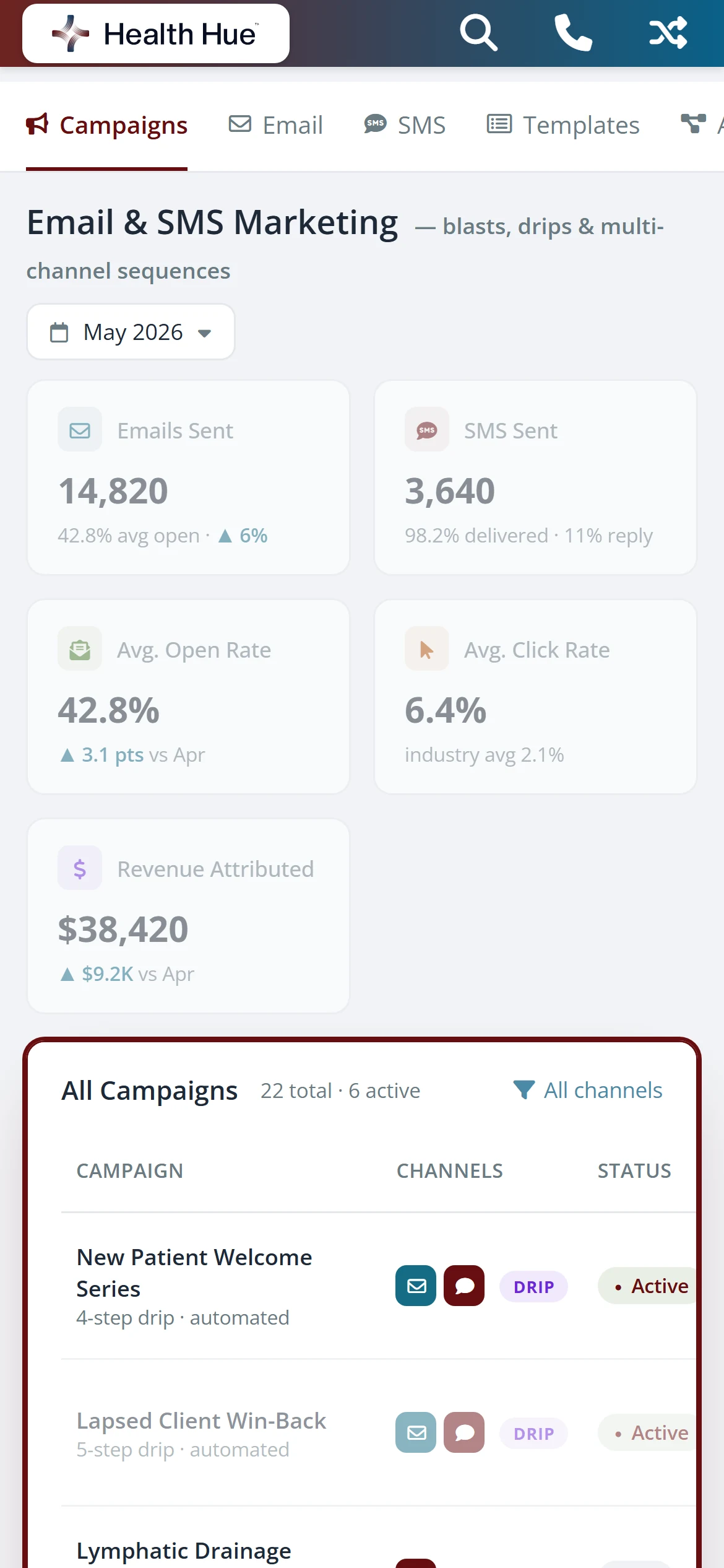 The marketing dashboard on mobile, managed by Health Hue Digital