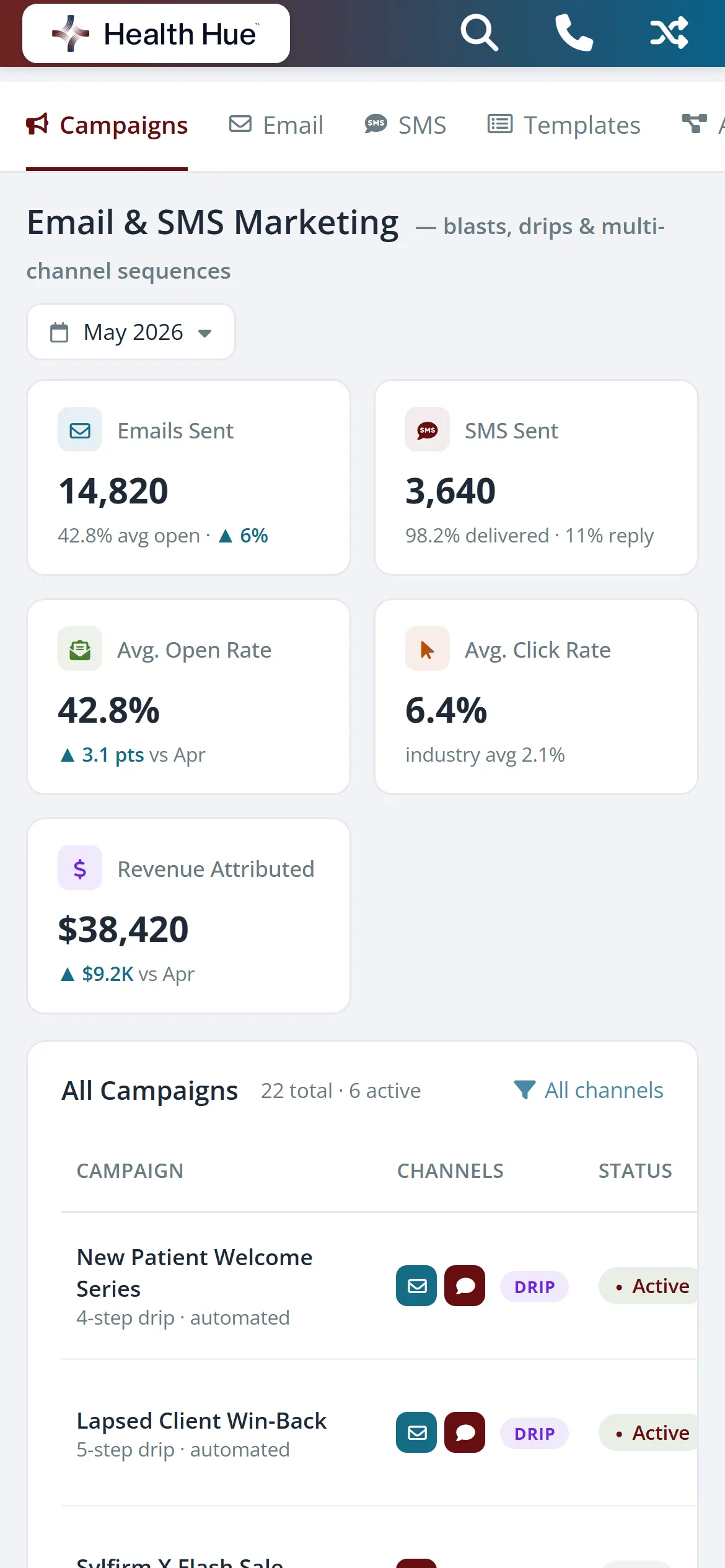The marketing dashboard on mobile, managed by Health Hue Digital