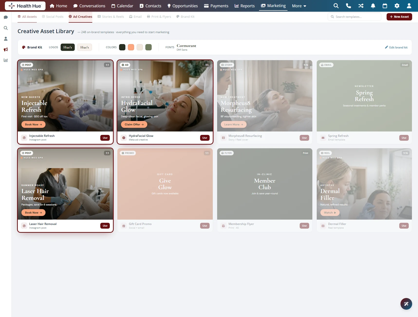 The creative asset library in the Health Hue Hub with the full grid of ads, photos, logos, and posts highlighted as one place for everything.