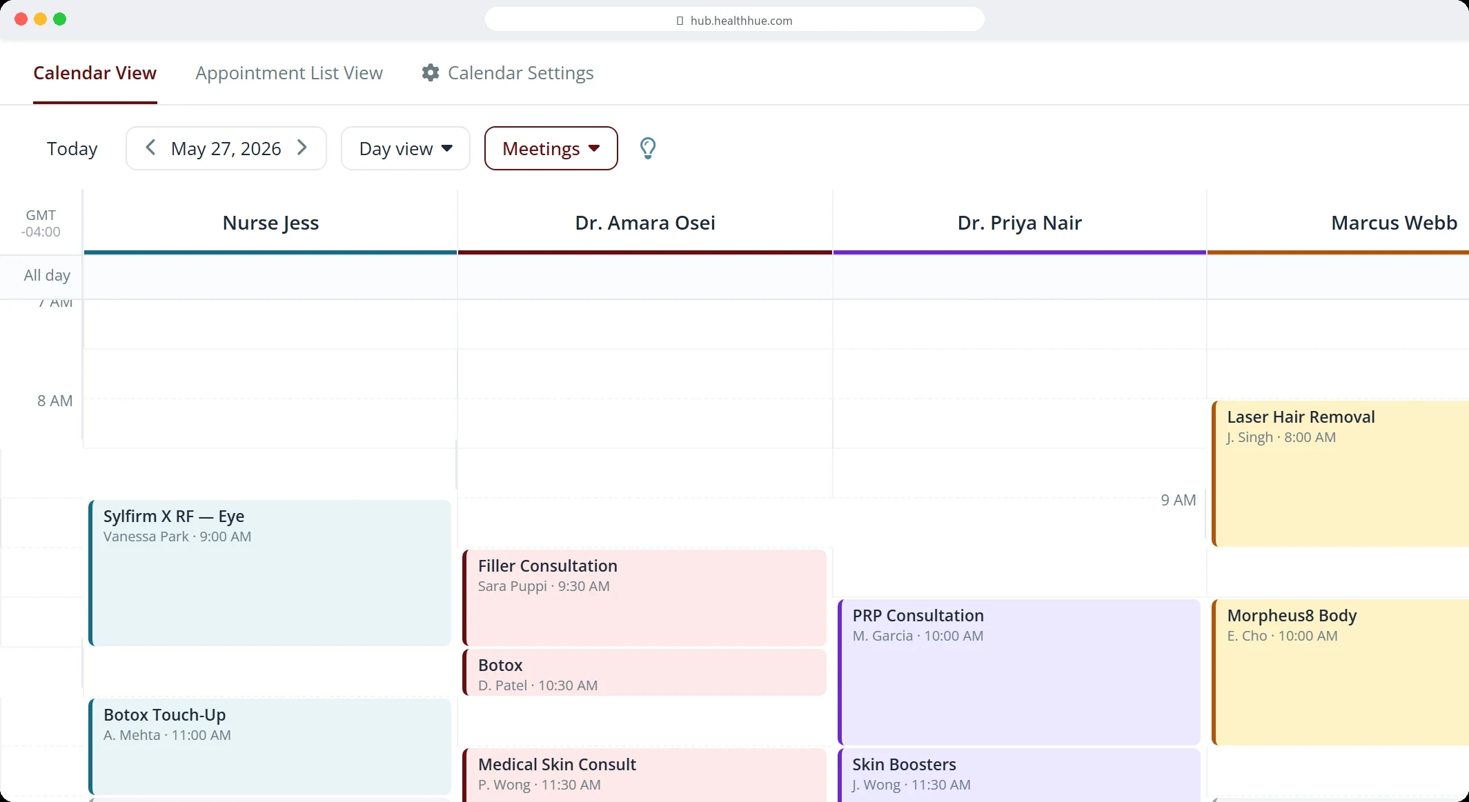 The Health Hue calendar, several provider day-columns side by side with treatment and consult appointment blocks, built around the real clinical day.