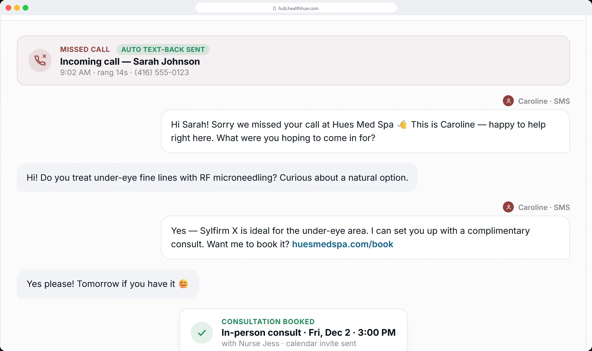 The Health Hue patient inbox, a missed-call auto-text-back and SMS chat thread booking a consult, every conversation handled in one place.