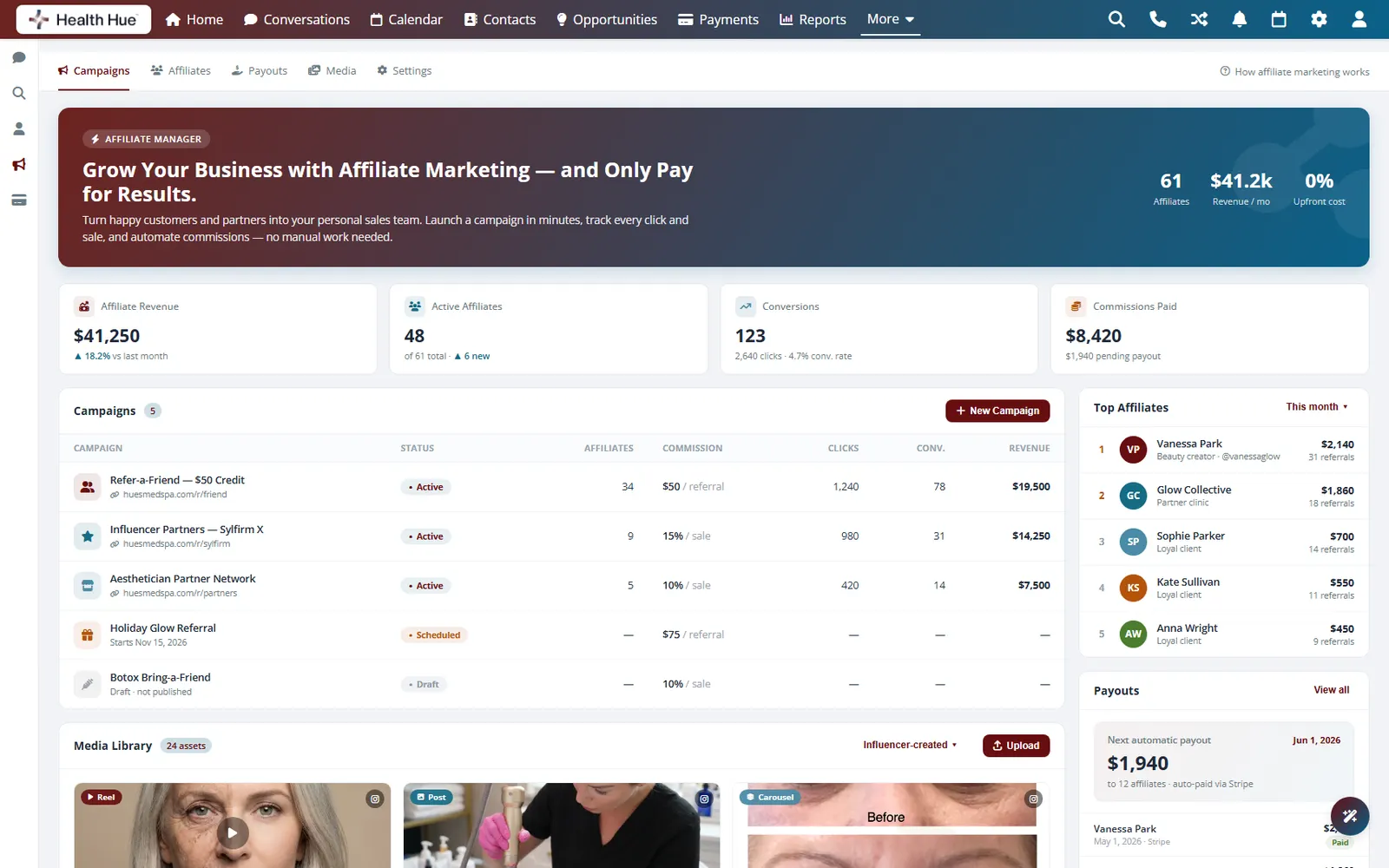 The Health Hue Hub affiliate manager on a laptop, with referral campaigns, an affiliate roster, a media library, and a payouts panel in one view.