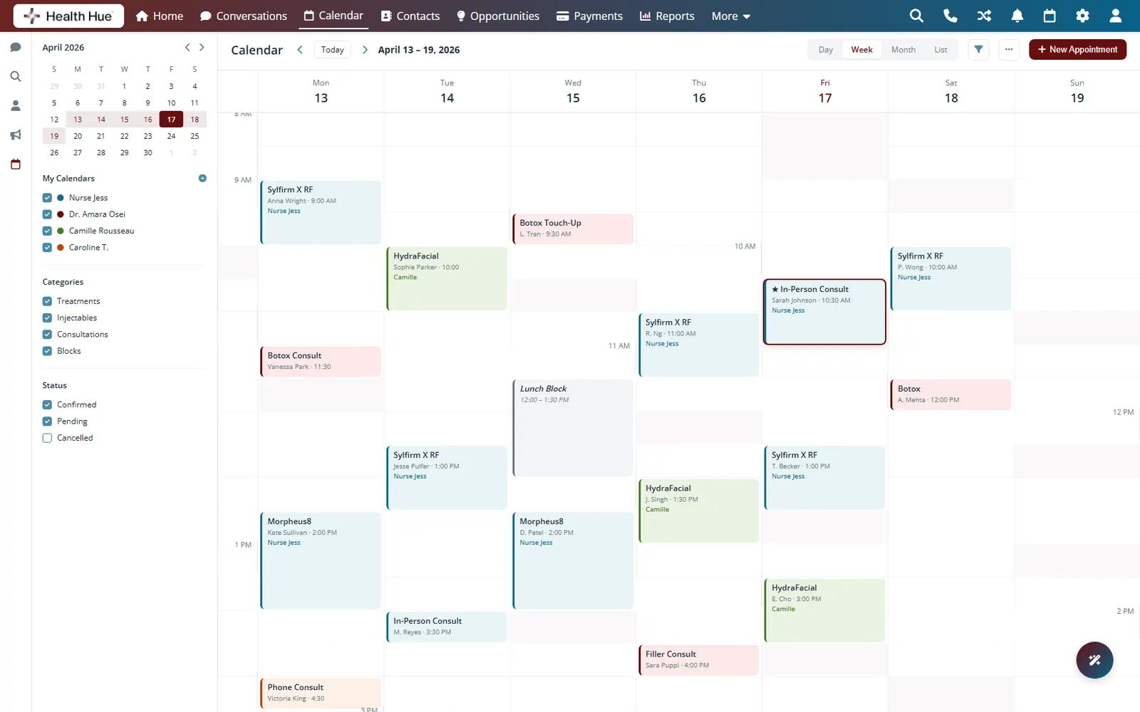The Health Hue Hub calendar on a laptop, showing a week view of clinic appointments across providers and rooms.
