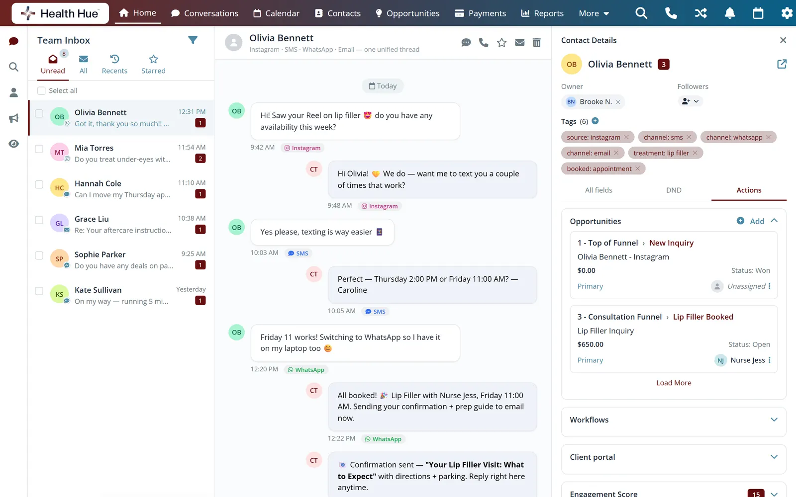 The Health Hue Hub unified inbox on desktop, SMS, calls, web chat, and social DMs for one patient in a single thread.