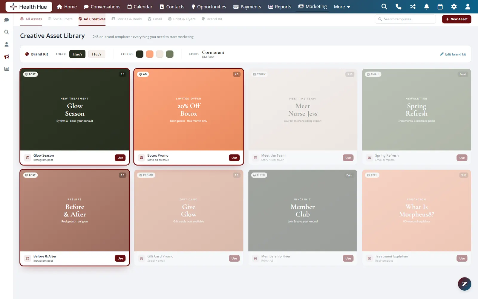 The Health Hue Hub creative library on a laptop, with brand-kit colours and fonts above a gallery of on-brand social and ad templates.