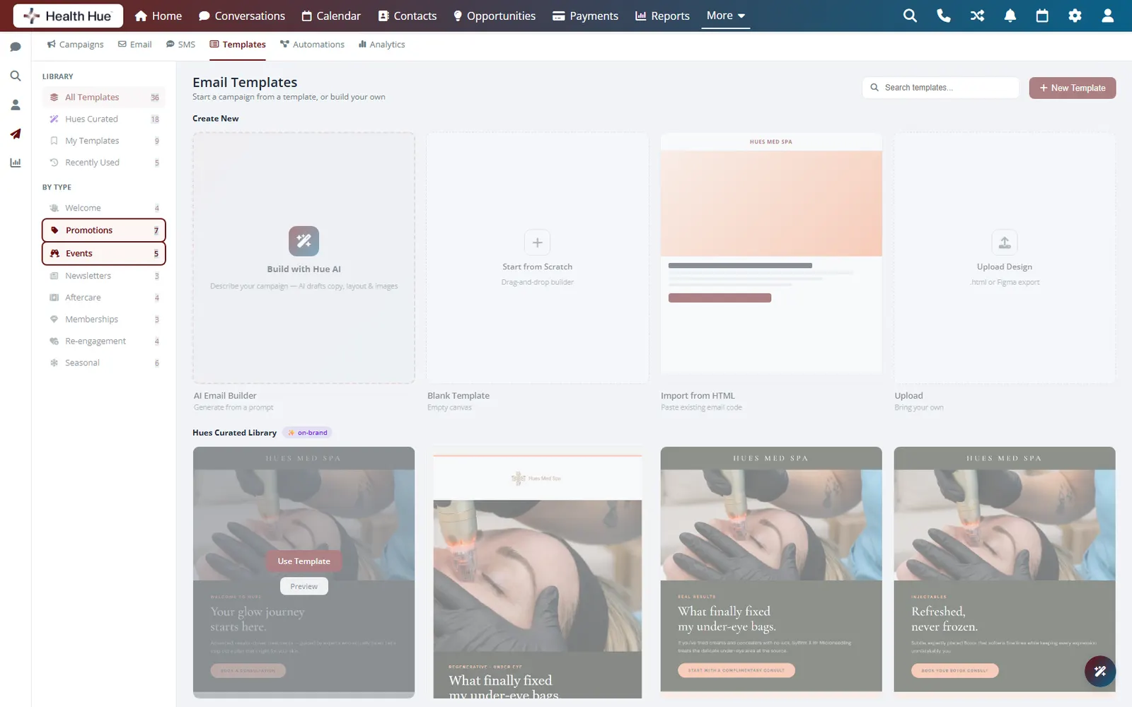 The Health Hue Hub email builder on a laptop, with a branded template open in the drag-and-drop editor.