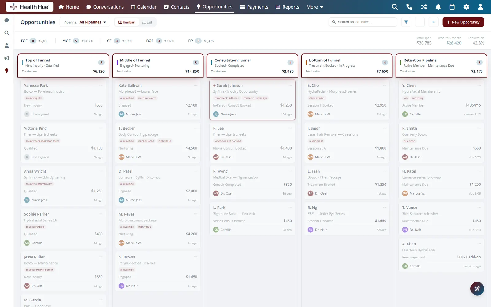 The Health Hue Hub opportunities pipeline on a laptop, with leads sorted into stages from new inquiry to booked treatment.