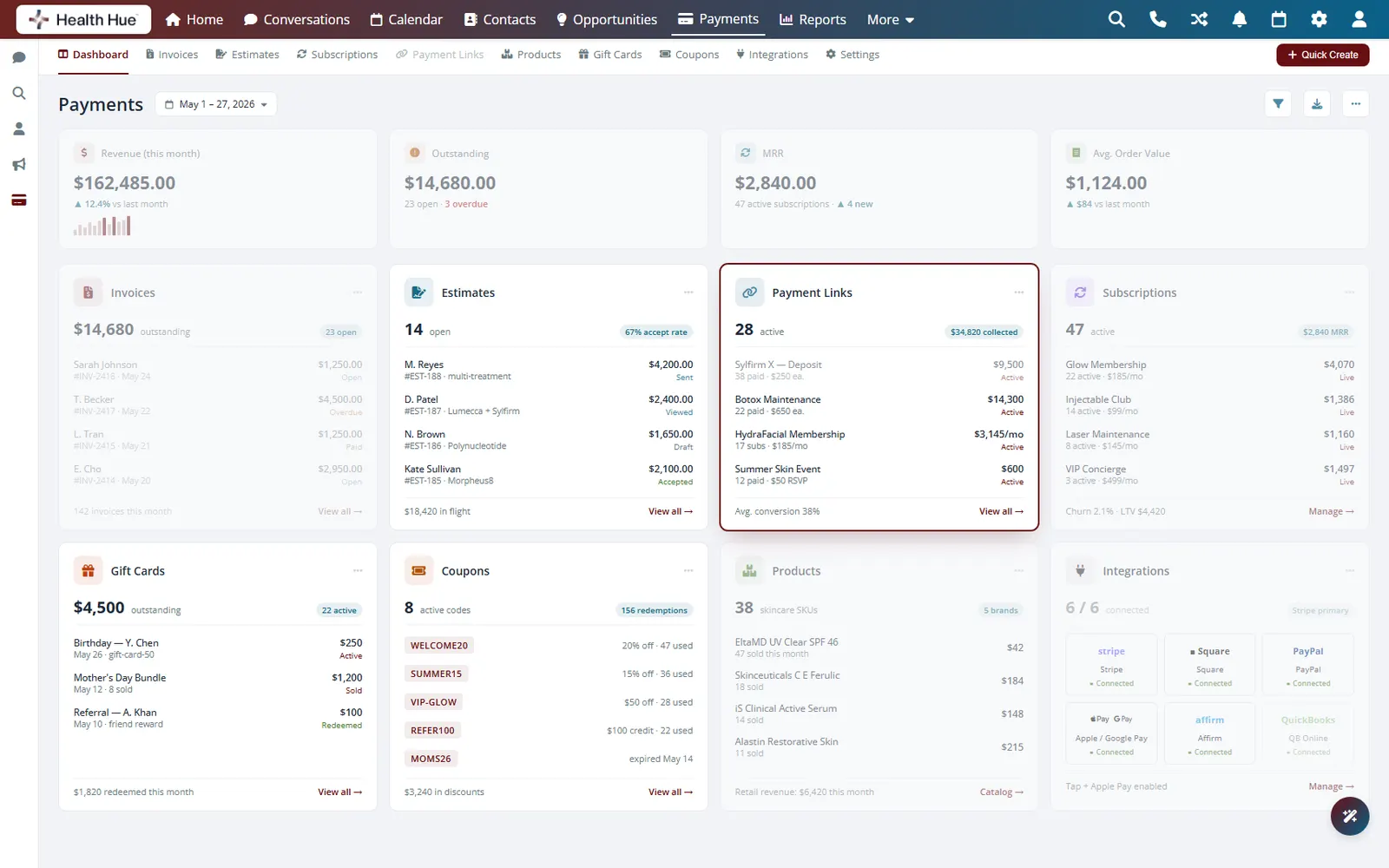 The Health Hue Hub payments screen on a laptop, showing checkout, an invoice, deposit settings, and a card on file.