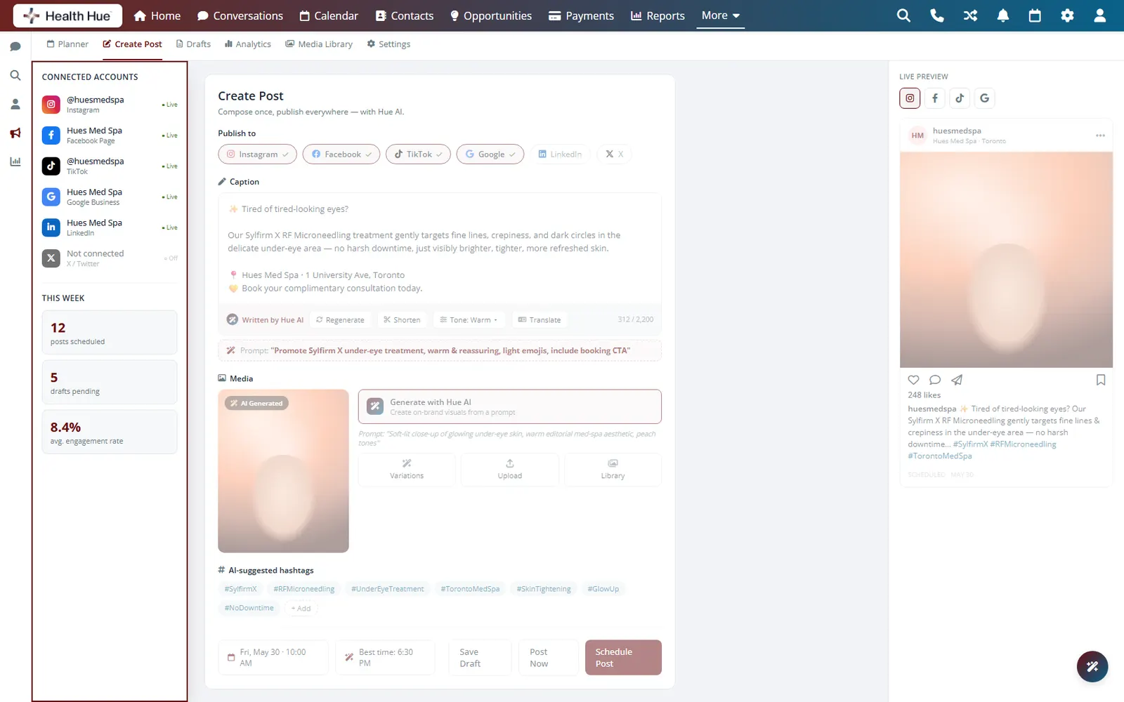 The Health Hue Hub social calendar on a laptop, with scheduled posts laid out across the month for Instagram and Facebook.