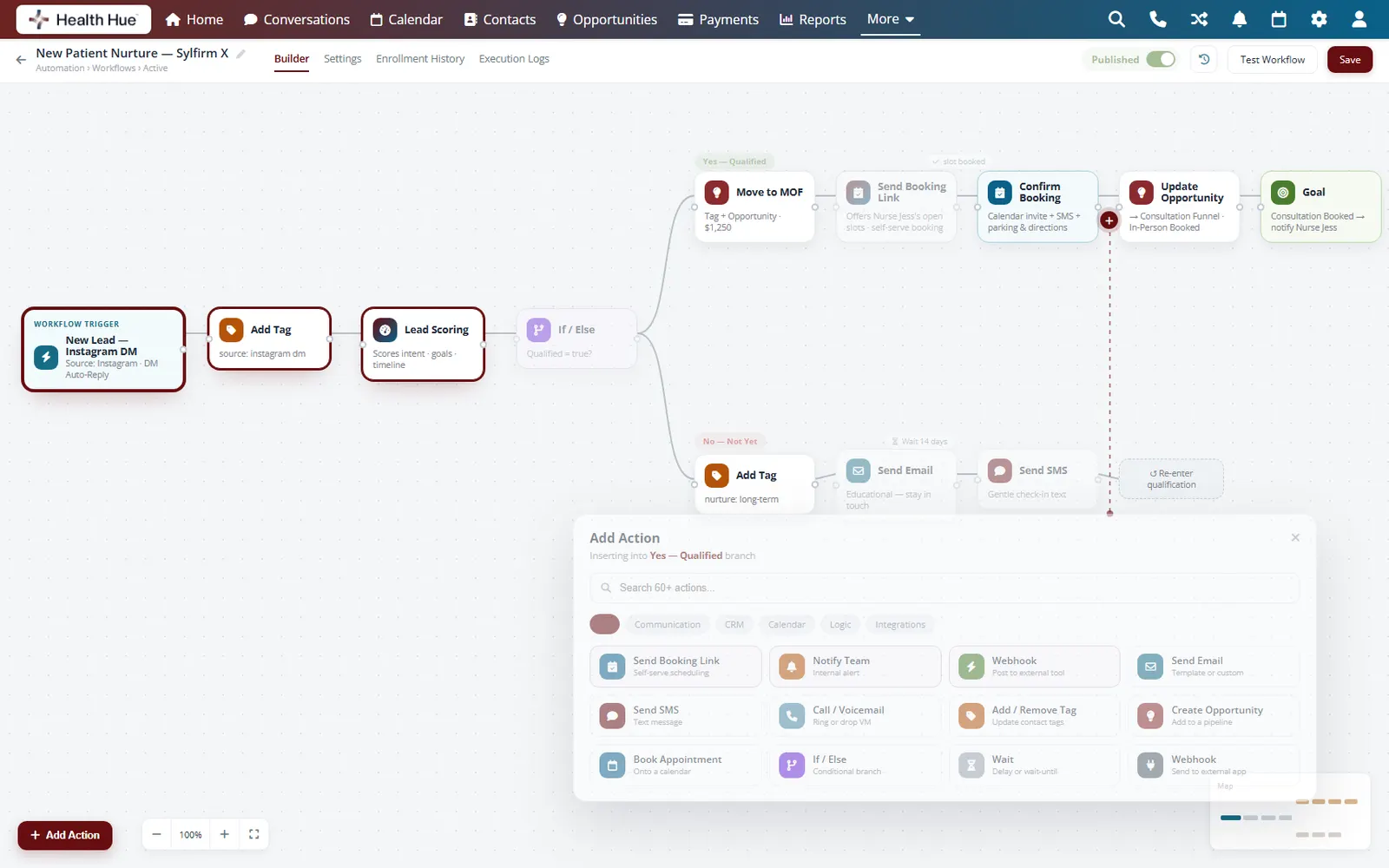 The Health Hue Hub automation builder on a laptop, showing a visual flow with a trigger connected to SMS and email steps.