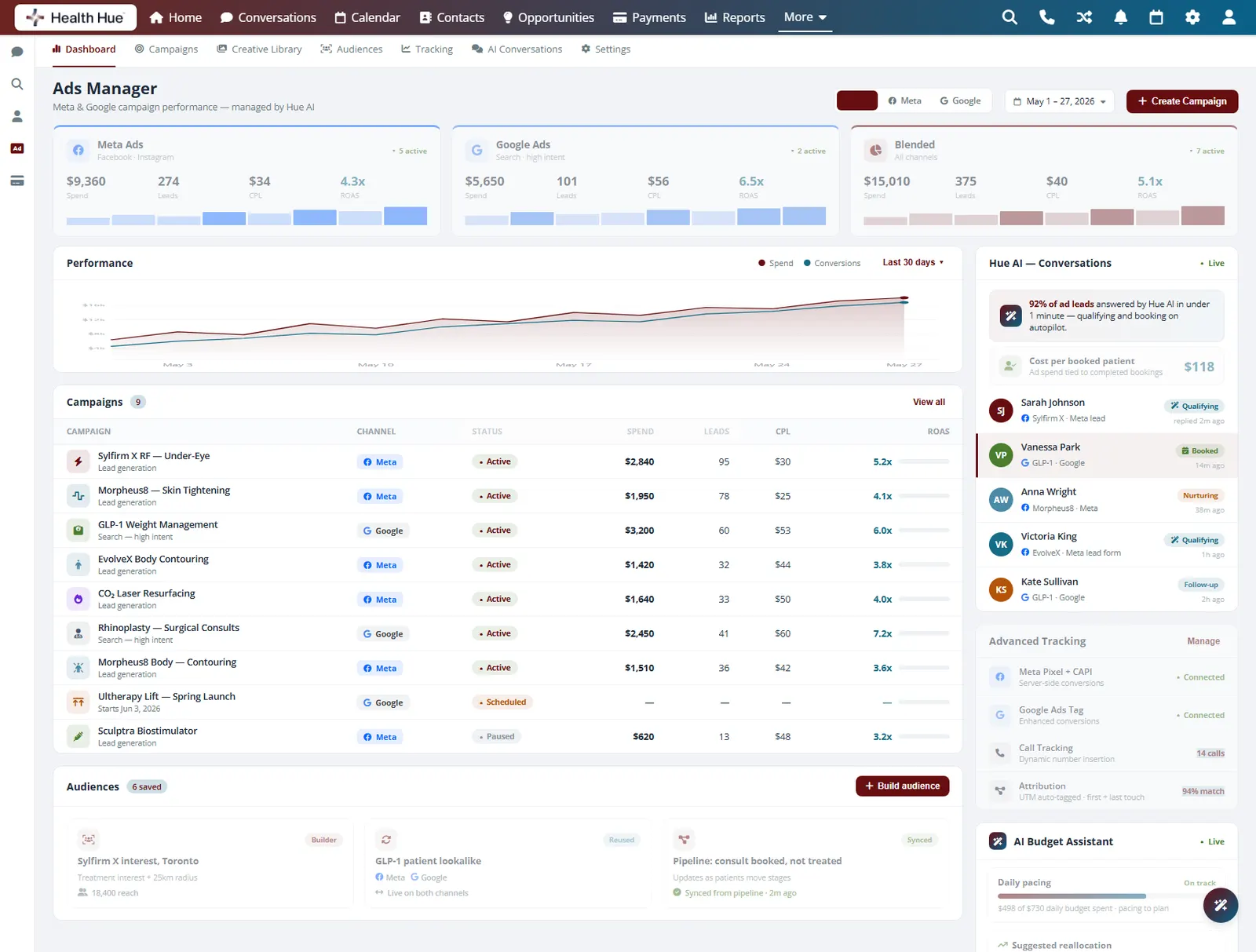 The Hue AI conversations list in the Health Hue Hub Paid Ads dashboard with a booked lead highlighted, following a lead through to an appointment.