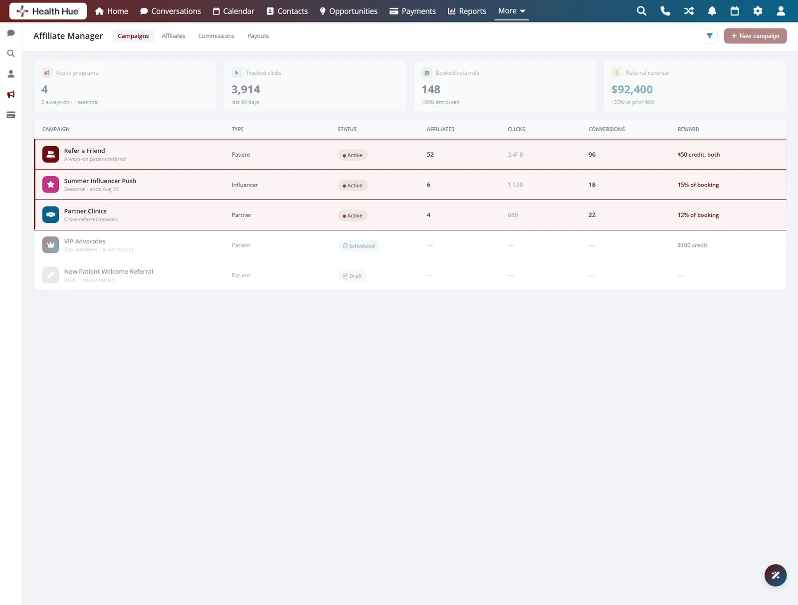 The campaigns table with the three active referral programs highlighted as a group.