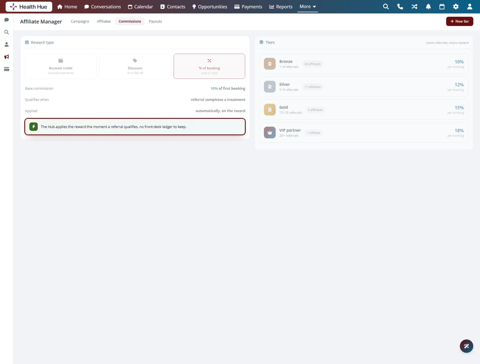 Commission settings with the automatic application note highlighted, applied the moment a referral qualifies.