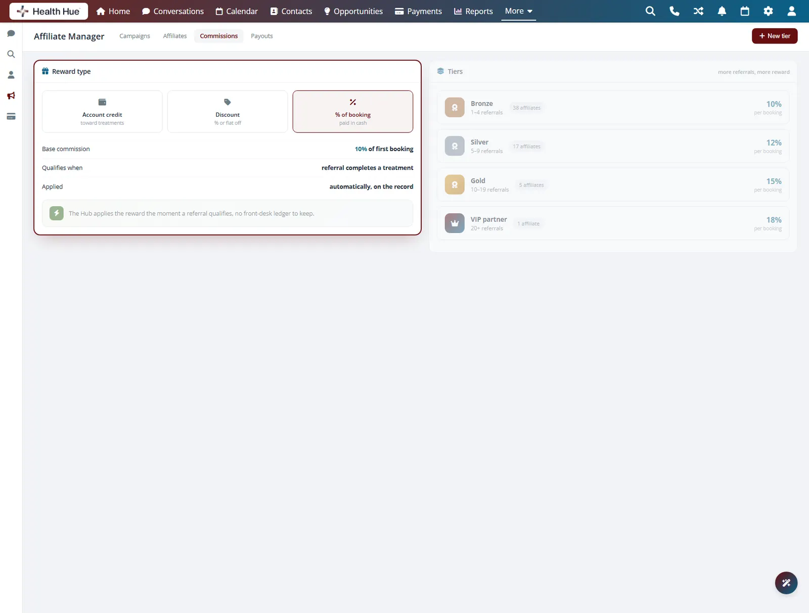 Commission settings in the Health Hue Hub with the reward type card highlighted, offering credit, a discount, or a percentage.