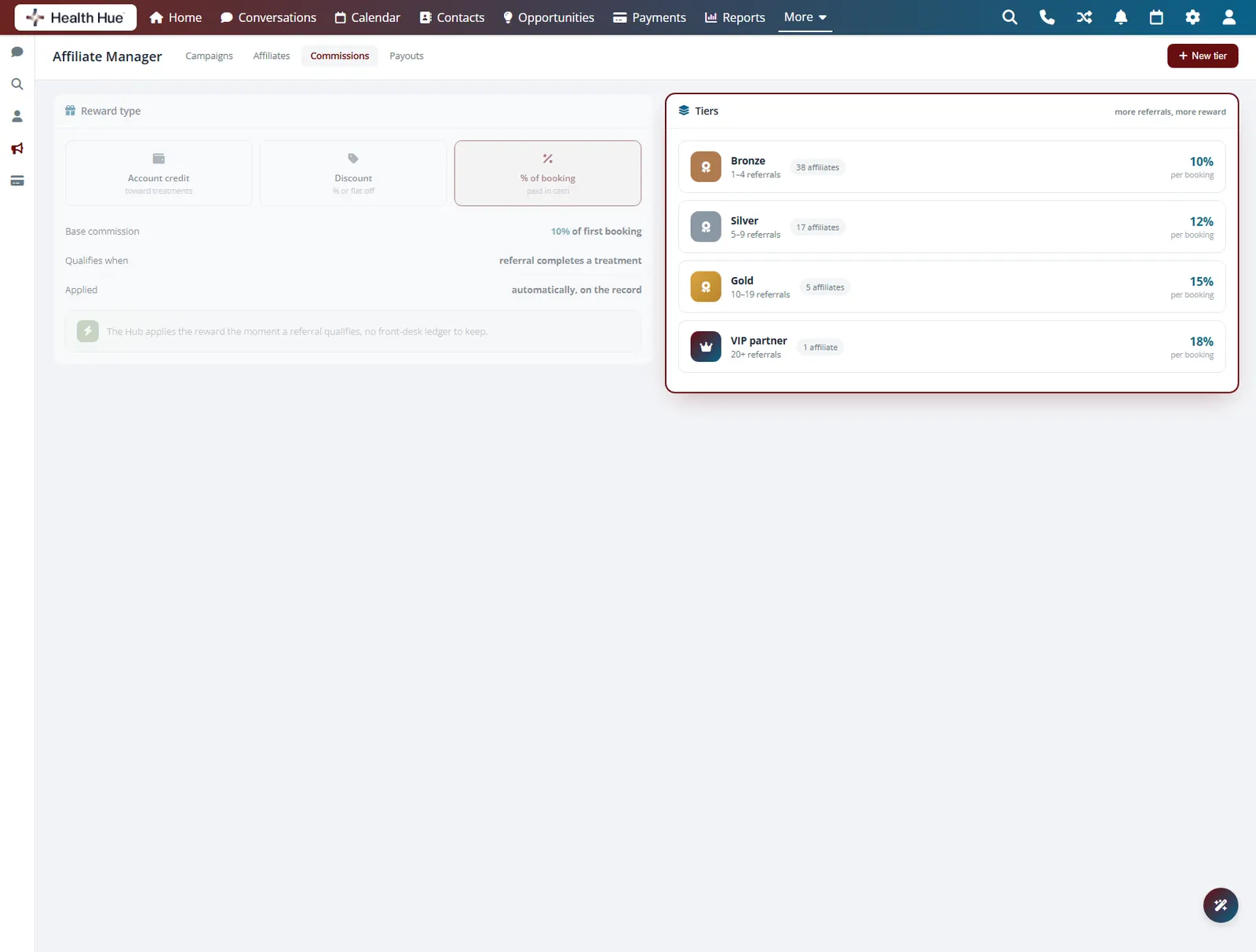Commission settings with the tiers card highlighted, showing bronze through VIP partner rates that scale with referrals.