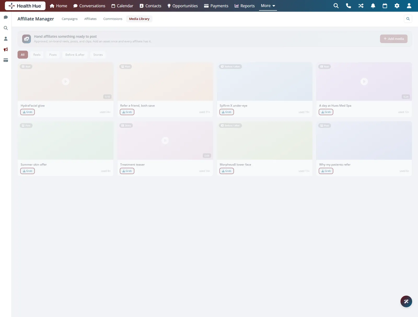 The media library in the Health Hue Hub with the Grab download actions highlighted on each asset.