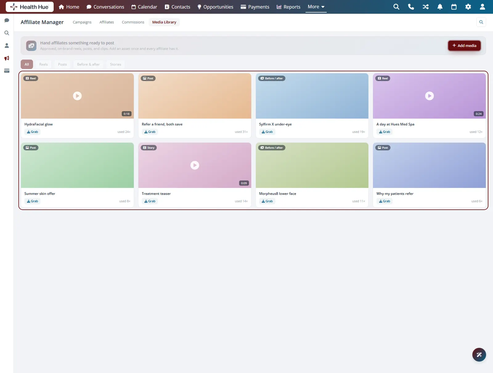 The media library with the full asset grid and the Add media button highlighted as one shared library.