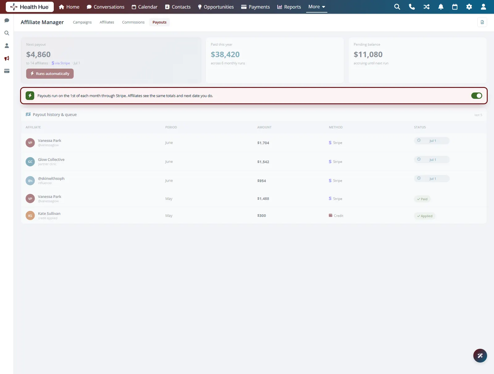 The payouts panel with the automation band highlighted, paying affiliates on a set monthly schedule through Stripe.