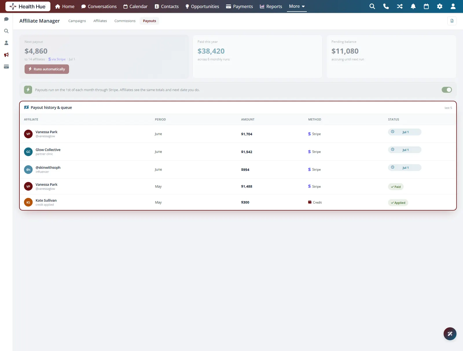 The payouts panel with the payout history and queue highlighted, the same totals affiliates see.