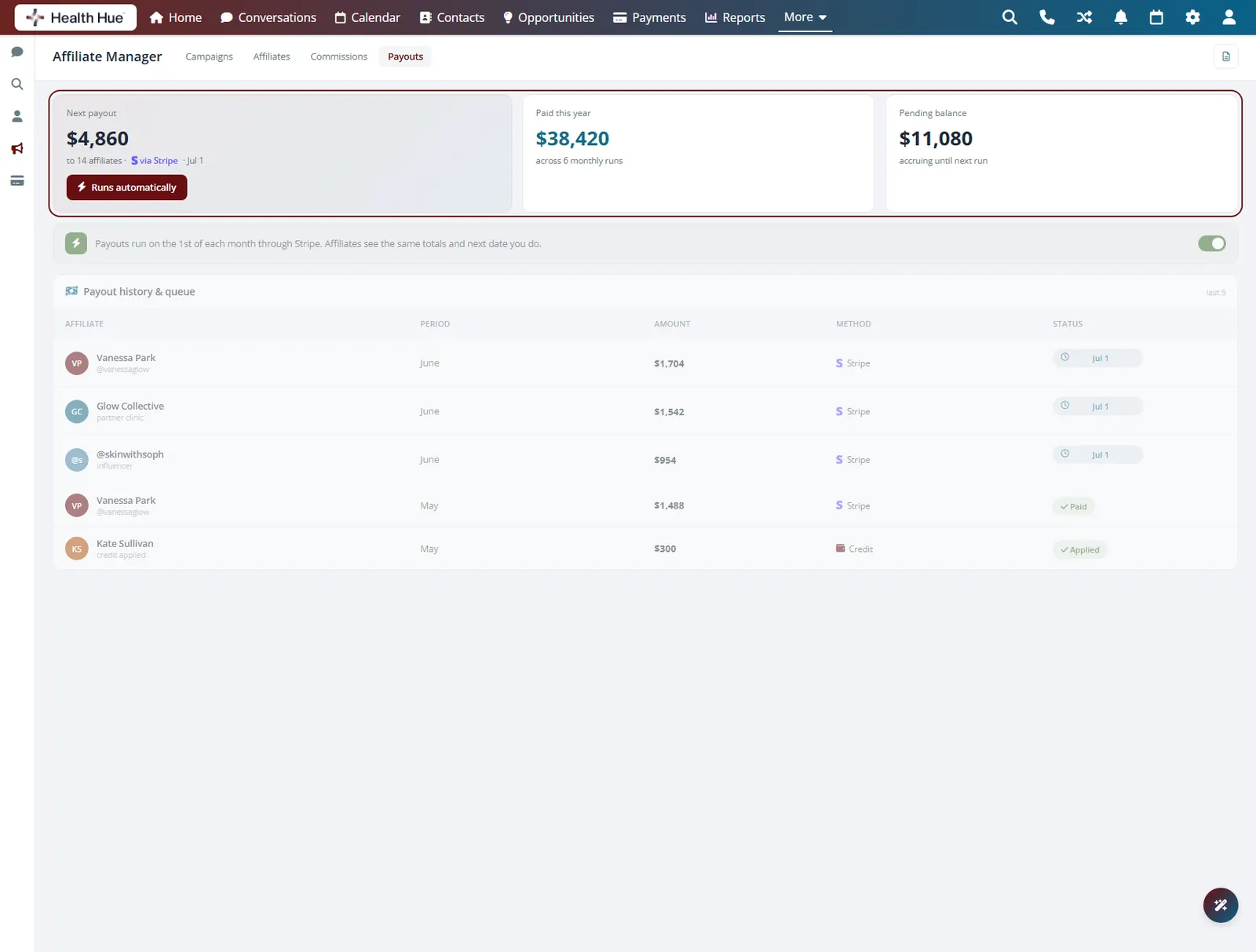 The payouts panel in the Health Hue Hub with the running totals highlighted, including the next payout and pending balance.