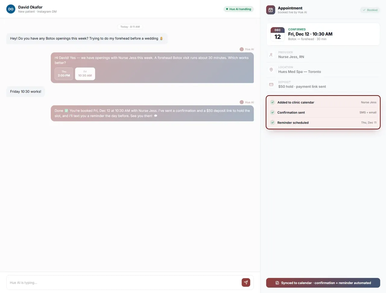 Hue AI adding the appointment to the calendar and scheduling a confirmation and reminder to reduce no-shows.