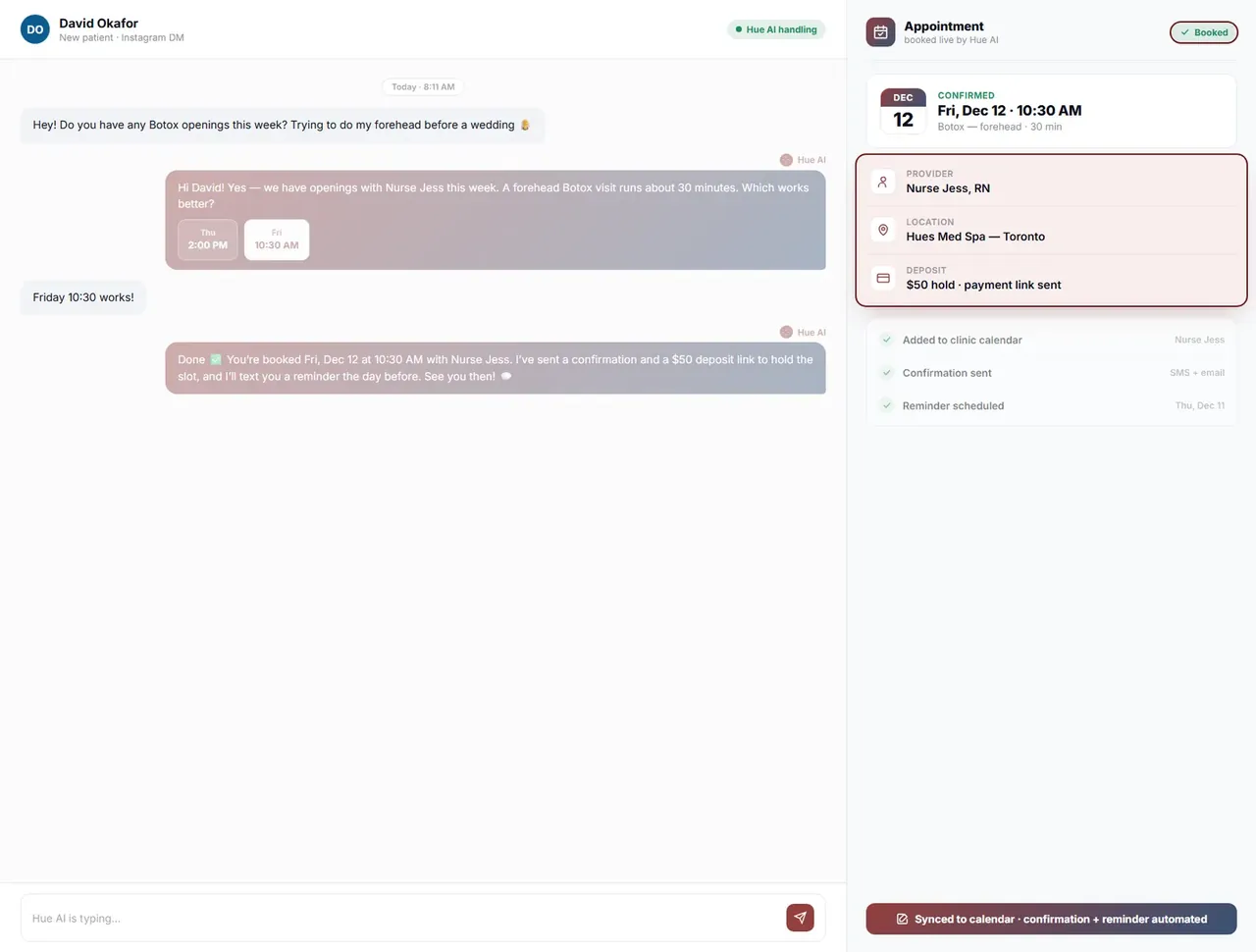 Hue AI completing the booking end to end, with provider, location, and a deposit link, marked as booked.