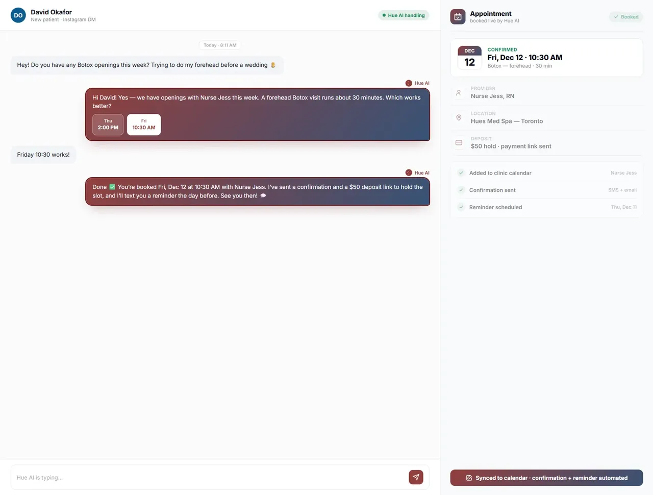 Hue AI offering real open appointment times pulled live from provider availability inside a patient chat.