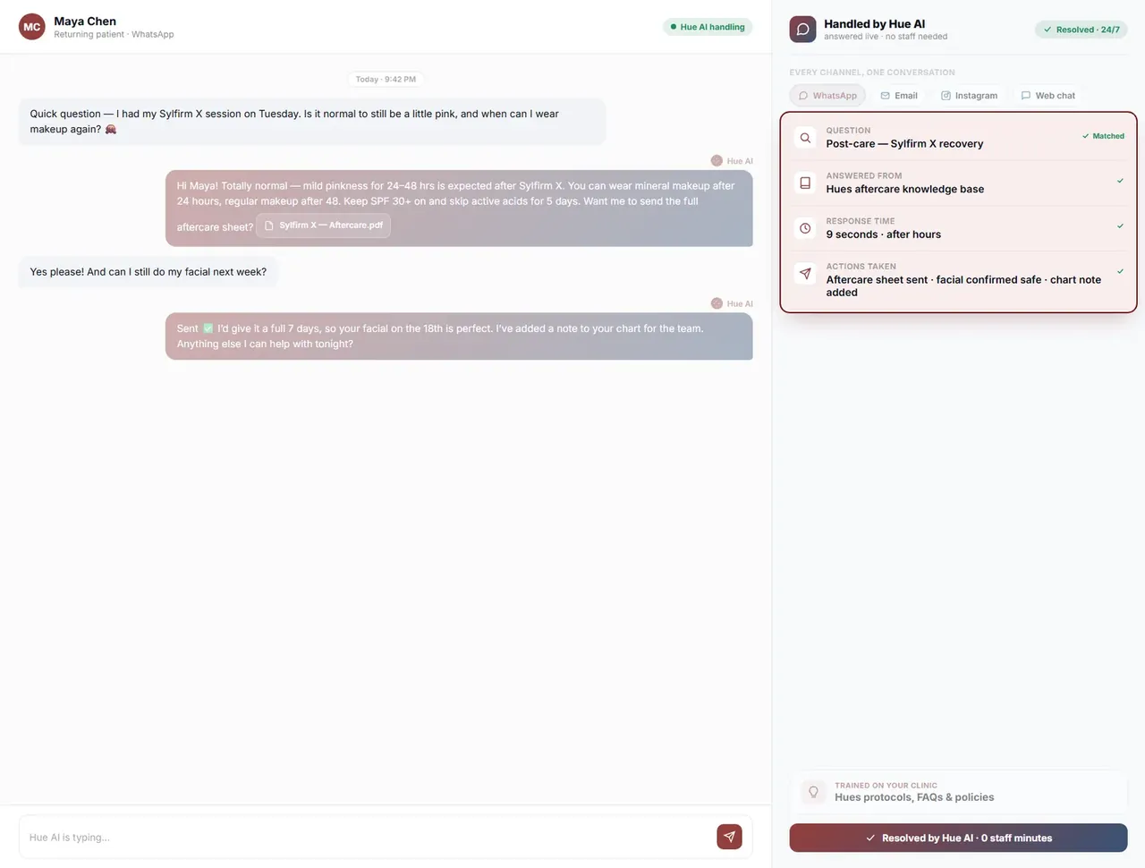 Hue AI qualifying the inquiry, matching the question to the knowledge base and logging the actions it took.