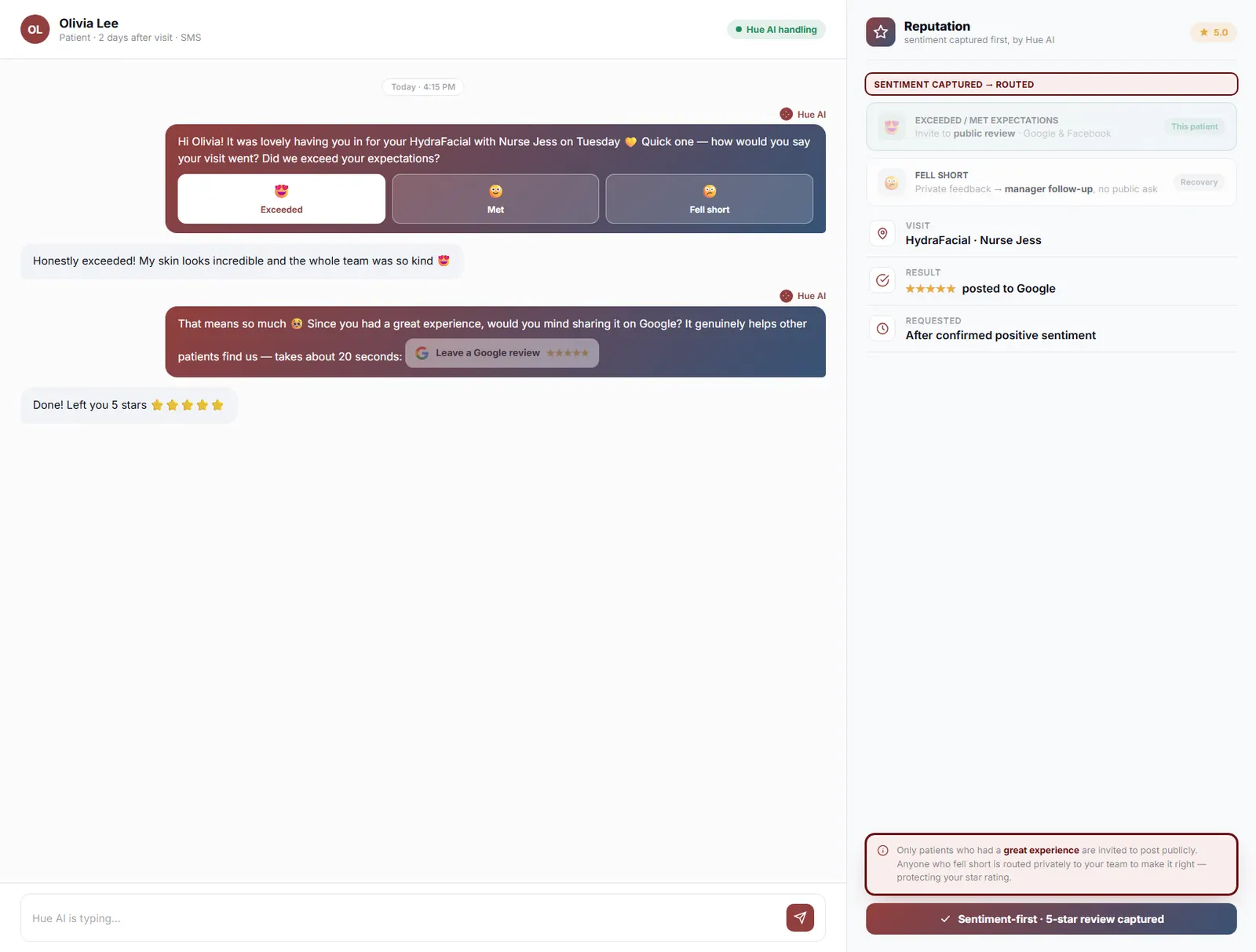 The same flow showing how a concern is captured and routed to the team in time to fix it.