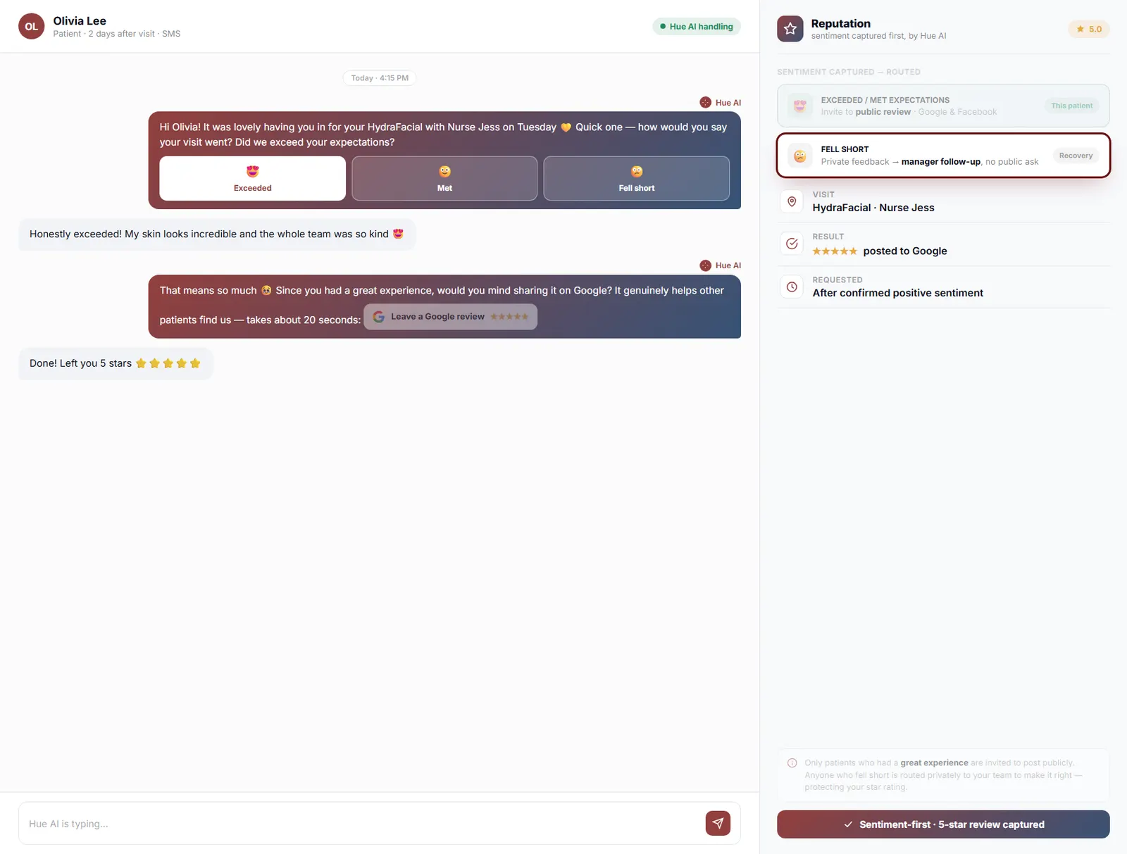 The same flow routing an unhappy patient to private manager follow-up instead of a public review.