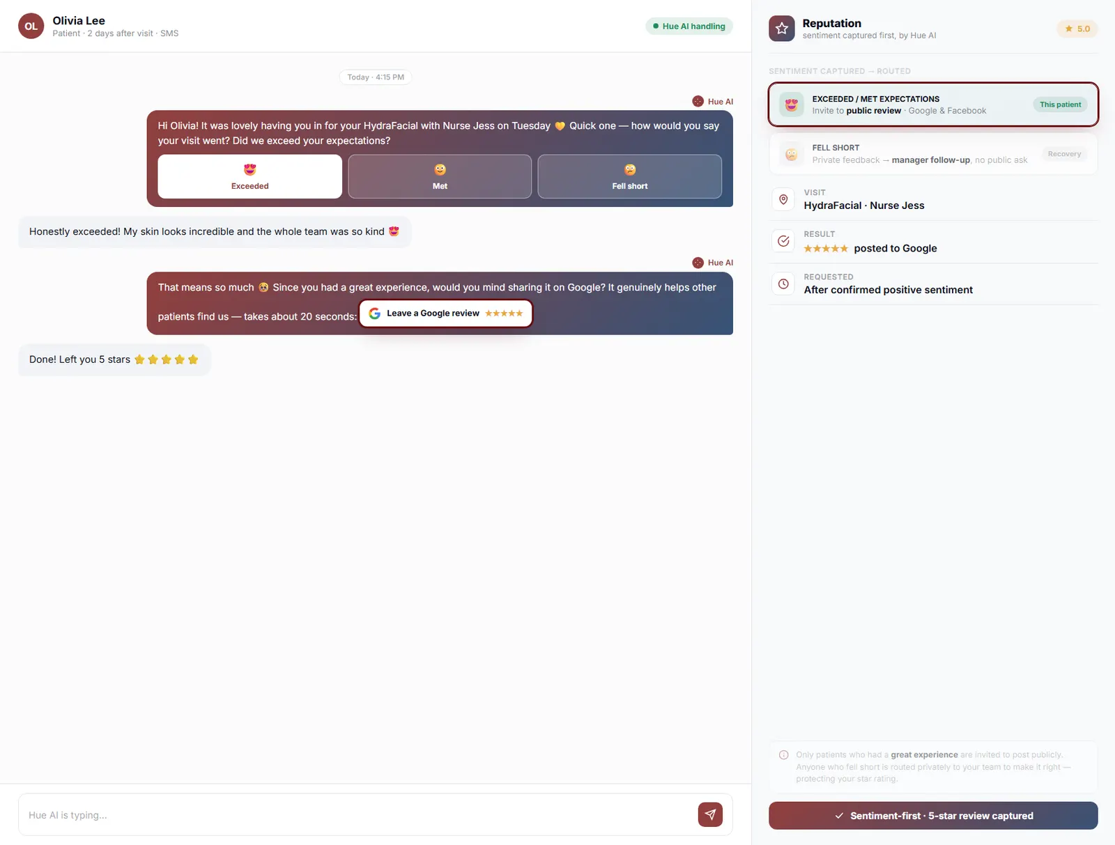 The smart routing flow in the Health Hue Hub, guiding a happy patient to leave a public Google review.