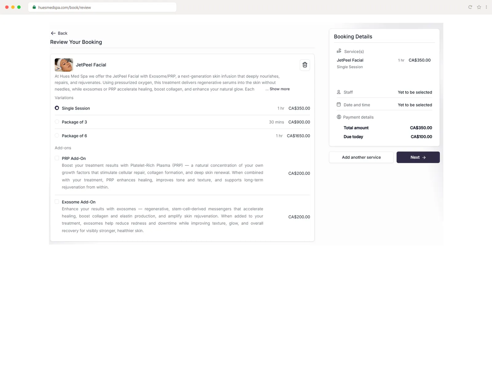 The Hue's Med Spa booking review screen offering treatment packages and add-ons like PRP, with a deposit due today.