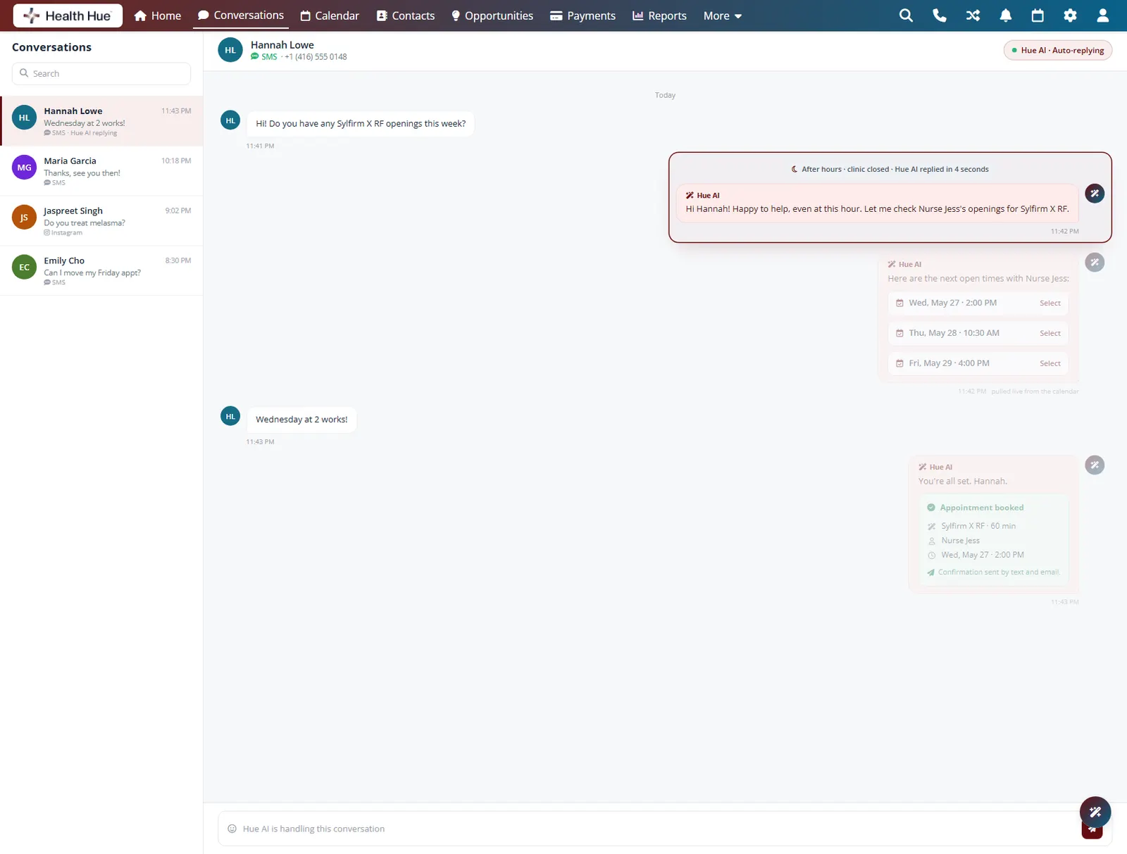 The Health Hue Hub AI assistant replying to a patient after hours, booking an appointment while the clinic is closed.