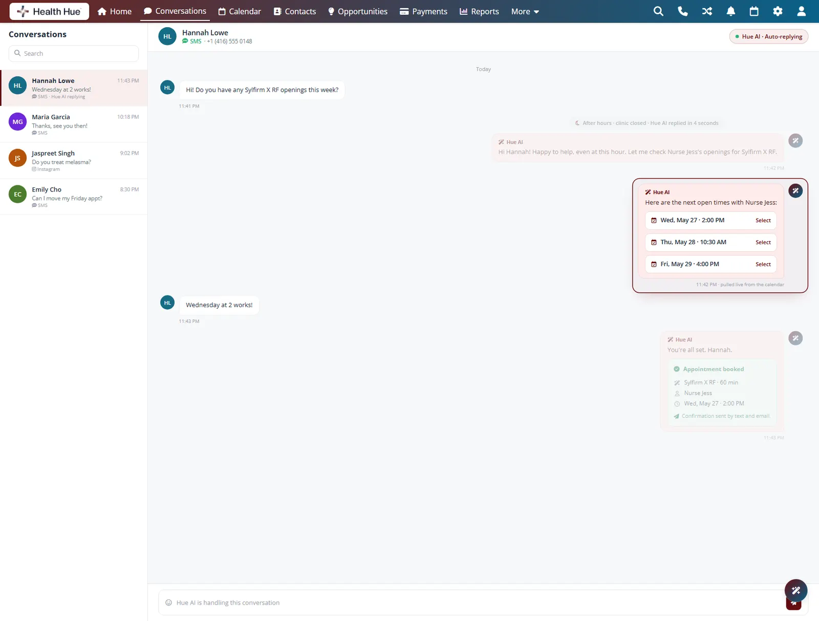 The Health Hue Hub AI assistant offering real open appointment times pulled live from the calendar in a text conversation.