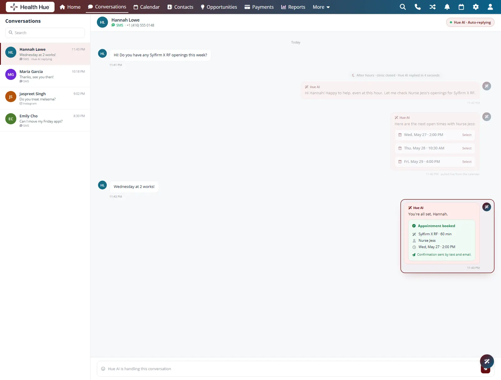 The Health Hue Hub conversations inbox where the AI assistant books a patient's appointment over text and sends a confirmation.