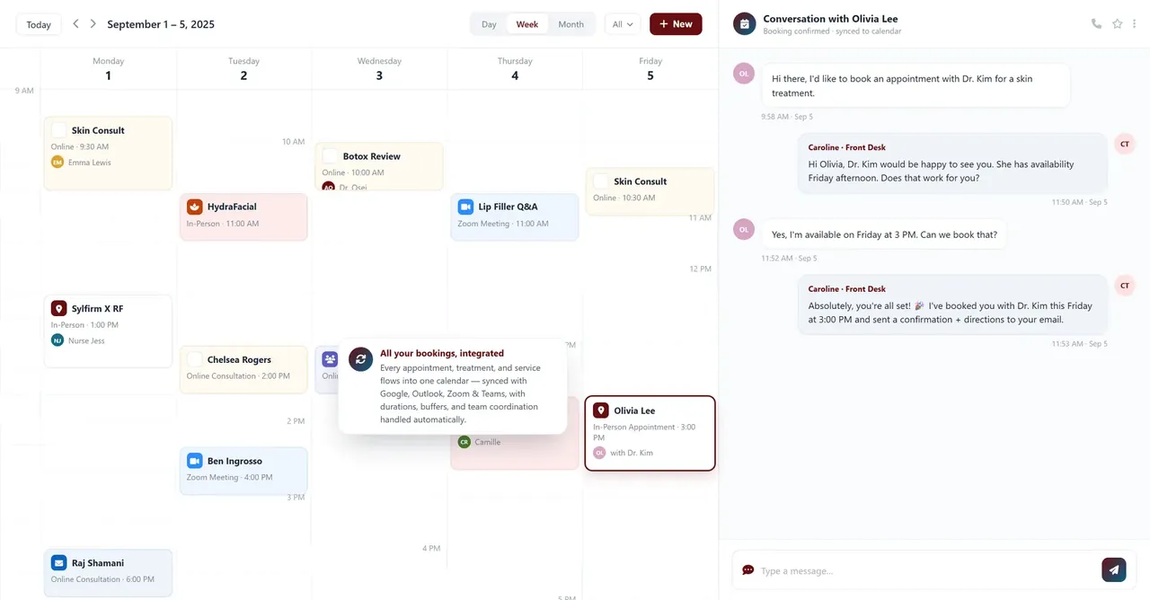 The Health Hue Hub calendar with a booking panel open, ready to send a patient an Express Booking link by text.